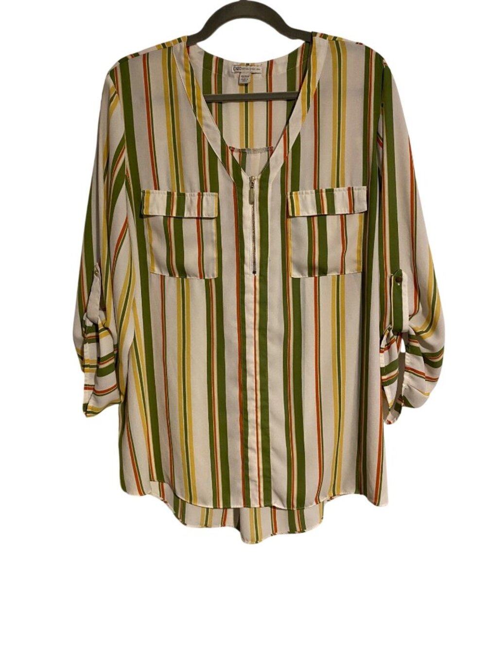 Cato Women's 18/20W Multicolor Blouse Striped 1/4 Zip Pockets Roll-Tab Sleeves